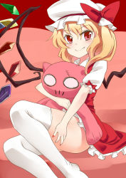 Rule 34 | 1girl, abe ranzu, blonde hair, blush, fang, fang out, flandre scarlet, hand on leg, hat, long hair, looking at viewer, mob cap, nail polish, red eyes, red nails, short sleeves, side ponytail, sitting, sketch, smile, solo, stuffed animal, stuffed cat, stuffed toy, thighhighs, touhou, wings
