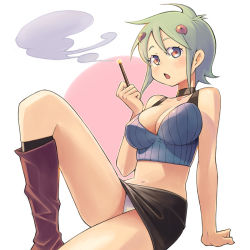 Rule 34 | 1girl, :o, arm support, blush, boots, bowieknife, breasts, chestnut mouth, choker, cigarette, cleavage, crop top, green hair, large breasts, legs, midriff, miniskirt, navel, panties, pantyshot, pencil skirt, pocky, short hair, sitting, skirt, smoking, solo, sujata, tank top, traumeister, underwear