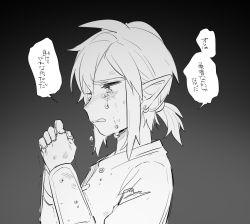 Rule 34 | 1boy, commentary request, crying, earrings, gradient background, grey background, greyscale, jewelry, link, long sleeves, monochrome, nintendo, parted lips, pointy ears, shirt, short hair, short ponytail, solo, speech bubble, tears, teeth, the legend of zelda, the legend of zelda: breath of the wild, translation request, ttanuu.
