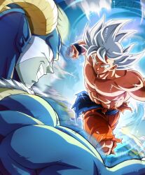 Rule 34 | 2boys, abs, absurdres, artist name, battle, biceps, blue skin, brown horns, charging forward, clenched hand, closed mouth, colored skin, commentary, curled horns, dougi, dragon ball, dragon ball super, eegiiartto, energy, english commentary, frown, grey eyes, grin, highres, horns, looking at another, male focus, moro (dragon ball), multiple boys, muscular, muscular male, pectorals, pointy ears, profile, punching, red eyes, scratches, serious, signature, smile, son goku, spiked hair, teeth, topless male, torn clothes, ultra instinct, v-shaped eyebrows
