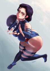 Rule 34 | 1girl, absurdres, artist request, ass, black hair, black leotard, breasts, curvy, full body, highleg, highleg leotard, highres, huge ass, large breasts, leotard, lips, long hair, looking at viewer, marvel, psylocke, reaching, reaching towards viewer, red sash, sash, shiny skin, simple background, skindentation, solo, standing, thong leotard, very long hair, wide hips, x-men