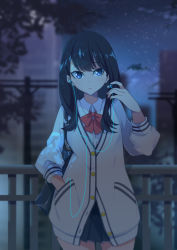 Rule 34 | 10s, 1girl, absurdres, anchorage akiko, black hair, black skirt, blue eyes, blurry, blurry background, bow, bowtie, cardigan, closed mouth, collared shirt, commentary request, cowboy shot, dappled moonlight, depth of field, dress shirt, earphones, gridman universe, hand in pocket, hand up, highres, holding, long hair, long sleeves, looking to the side, miniskirt, moonlight, night, night sky, outdoors, pleated skirt, railing, red bow, red bowtie, school uniform, shirt, skirt, sky, solo, ssss.gridman, takarada rikka, tree, white cardigan, white shirt
