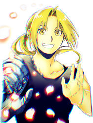 Rule 34 | 1boy, automail, bad id, bad pixiv id, black shirt, blonde hair, blurry, edward elric, fullmetal alchemist, hands up, happy, looking at viewer, male focus, petals, ponytail, shirt, simple background, sleeveless, smile, solo, upper body, white background, yellow eyes
