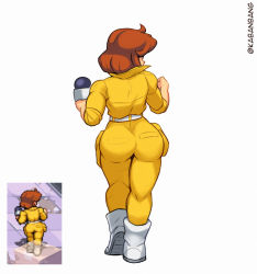 Rule 34 | 1girl, ahoge, april o&#039;neil, artist name, ass, ass focus, bang dacy, belt, boots, brown hair, clenched hand, from behind, full body, holding, holding microphone, jumpsuit, microphone, screenshot inset, short hair, short sleeves, simple background, skin tight, sprite, sprite redraw, teenage mutant ninja turtles, white background, white footwear, yellow jumpsuit
