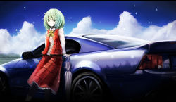 Rule 34 | 1girl, backlighting, bad id, bad pixiv id, black legwear, blue sky, bow, car, cloud, collared shirt, colored eyelashes, field, ford, ford mustang, forest, green eyes, green hair, kazami yuuka, kihuzinz, leaning, leaning against vehicle, leaning back, lens flare, long skirt, long sleeves, matching hair/eyes, motor vehicle, mountain, nature, open clothes, open vest, plaid, plaid skirt, plaid vest, reflection, shirt, skirt, sky, solo, touhou, vehicle, vehicle focus, vest, wind