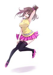 Rule 34 | 1girl, :d, armpits, belt, black thighhighs, breasts, brown hair, floating, green eyes, hair between eyes, high heels, highres, jewelry, large breasts, looking at viewer, mazaki anzu, necklace, open mouth, pink footwear, pink skirt, ponytail, sengenjin31, shirt, skirt, sleeveless, sleeveless shirt, smile, solo, thighhighs, white background, white belt, yellow shirt, yu-gi-oh!, yu-gi-oh! the dark side of dimensions