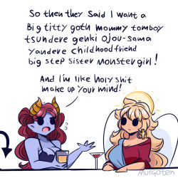 Rule 34 | 2girls, angel, angel wings, artist name, black eyes, blonde hair, breasts, cleavage, clothing request, cocktail, cocktail glass, colored skin, commentary, cross, cross earrings, cup, curled horns, demon, demon girl, demon horns, demon tail, drinking glass, earrings, english commentary, english text, flying sweatdrops, food request, glass, halo, horns, jewelry, large breasts, long hair, monster girl, multiple girls, murgoten, original, pointy ears, profanity, purple skin, red hair, simple background, tagme, tail, white background, white skin, wings