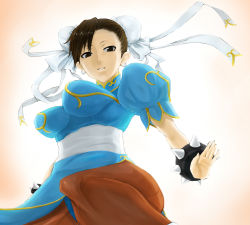 Rule 34 | 1girl, bracelet, breasts, brown eyes, brown hair, bun cover, china dress, chinese clothes, chun-li, curvy, double bun, dress, jewelry, large breasts, madarame, open mouth, pantyhose, sash, short hair, simple background, solo, spiked bracelet, spikes, street fighter, white background