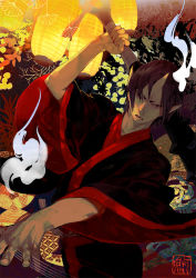 Rule 34 | 1boy, angry, arm up, backlighting, black eyes, black hair, black kimono, demon, demon boy, epic, fangs, ginkgo tree, holding, holding mace, holding weapon, hoozuki (hoozuki no reitetsu), hoozuki no reitetsu, horns, japanese clothes, kimono, lantern, leaf, long sleeves, looking at viewer, mace, male focus, open mouth, pointy ears, shishio (shishio5431), short hair, solo, standing, steam, weapon, wide sleeves
