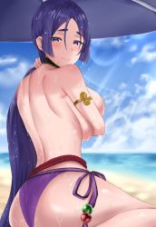 Rule 34 | 1girl, armlet, ass, back, beach, beach umbrella, beads, bikini, bikini bottom only, blush, breasts, closed mouth, crimecrime, day, fate/grand order, fate (series), hair between eyes, highres, large breasts, long hair, looking at viewer, low-tied long hair, minamoto no raikou (fate), minamoto no raikou (fate/grand order), minamoto no raikou (swimsuit lancer) (fate), parted bangs, purple bikini, purple eyes, purple hair, rope, side-tie bikini bottom, sitting, solo, sunlight, swimsuit, thighs, topless, umbrella, very long hair, wariza, wet