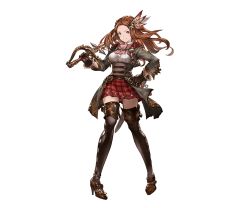 Rule 34 | 10s, 1girl, black thighhighs, brown eyes, brown hair, carren, carren (granblue fantasy), coat, detached sleeves, full body, gloves, granblue fantasy, grey eyes, hair ornament, hand on own hip, holding, holding sword, holding weapon, long hair, looking at viewer, matching hair/eyes, minaba hideo, official art, orange hair, skirt, smile, solo, standing, sword, thighhighs, transparent background, weapon, zettai ryouiki