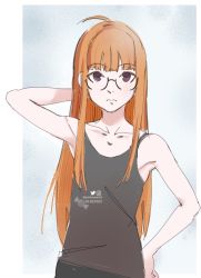 Rule 34 | collarbone, flat chest, glasses, long hair, orange hair, persona, persona 5, sakura futaba, tank top