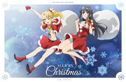 Rule 34 | 2girls, alternate costume, artist request, bare shoulders, black hair, blonde hair, blush, breasts, commentary request, dress, full body, gloves, hair ornament, hairclip, legs together, long hair, looking at viewer, medium breasts, merry christmas, multiple girls, official art, one eye closed, open mouth, sakurajima mai, santa dress, seishun buta yarou, siblings, side ponytail, sisters, small breasts, smile, toyohama nodoka