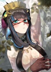 Rule 34 | 1girl, absurdres, arm behind head, arm up, armpits, bare shoulders, black hair, blood, blood on hands, blue hair, blush, bracer, breasts, colored inner hair, detached collar, facepaint, fate/grand order, fate (series), feathers, forest, green eyes, halterneck, headdress, high collar, highres, looking at viewer, medium breasts, multicolored hair, nature, short hair, shot (shot0598), sidelocks, tassel, tenochtitlan (fate), tenochtitlan (first ascension) (fate), tree