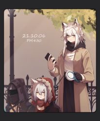 Rule 34 | 1other, 2girls, absurdres, alternate costume, animal ear fluff, animal ears, arknights, black border, black gloves, black scarf, black skirt, border, brown coat, casual, cat ears, cellphone, closed mouth, coat, commentary, dated, doctor (arknights), fence, fur-trimmed hood, fur trim, gloves, green eyes, highres, holding, holding phone, hood, hood up, if f, kal&#039;tsit (arknights), lamppost, leash, long hair, looking at viewer, mask, multiple girls, open clothes, open coat, outdoors, parted lips, phone, projekt red (arknights), scarf, shirt, silver hair, single glove, skirt, smartphone, smile, timestamp, white shirt, wolf ears, yellow eyes