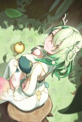 Rule 34 | 1girl, absurdres, antlers, apopo, apple, breasts, ceres fauna, cleavage, food, from above, fruit, golden apple, green hair, highres, hololive, hololive english, horns, large breasts, leaf, long hair, looking at viewer, looking up, mole, mole under eye, sitting, solo, thighhighs, tree stump, virtual youtuber, white thighhighs, yellow eyes, zettai ryouiki
