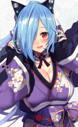 Rule 34 | .live, 1girl, blue hair, blush, breasts, cleavage, commentary, english commentary, fingerless gloves, fingernails, gloves, headphones, highres, japanese clothes, large breasts, looking at viewer, open mouth, portrait, red eyes, solo, untue, virtual youtuber, yamato iori