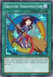 Rule 34 | 1girl, 2019, boots, broom, brown eyes, brown hair, full body, hat, kagari atsuko, little witch academia, long hair, looking back, open mouth, parody, showers-u, text focus, trading card, witch hat, yu-gi-oh!