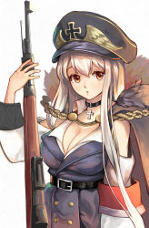 Rule 34 | 1girl, bolt action, breasts, brown eyes, cleavage, cross, girls&#039; frontline, gold trim, gun, hat, highres, jacket, kar98k (girls&#039; frontline), long hair, looking at viewer, mauser 98, military, military hat, military uniform, nakashima (pluscolor), rifle, silver hair, simple background, solo, tagme, uniform, weapon