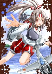 Rule 34 | 10s, 1girl, blush, bow (weapon), brown eyes, brown hair, fujishima shinnosuke, hachimaki, hair ribbon, headband, highres, japanese clothes, kantai collection, long hair, looking at viewer, muneate, open mouth, outstretched arm, outstretched hand, personification, ponytail, ribbon, sinnosuke, skirt, solo, weapon, zuihou (kancolle)