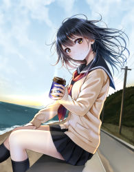 Rule 34 | 1girl, beach, black hair, black skirt, black socks, blush, brown eyes, cardigan, closed mouth, coffee cup, cup, day, disposable cup, dutch angle, from side, highres, holding, holding cup, kentaurosu, kneehighs, long hair, looking at viewer, miniskirt, neckerchief, ocean, original, outdoors, pleated skirt, red neckerchief, road, school uniform, serafuku, sitting, skirt, smile, socks, solo, thighs