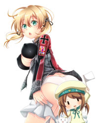 Rule 34 | 10s, 2girls, ass, baretto, baretto (firearms 1), batsubyou, blonde hair, breasts, brown hair, censored, character censor, cleavage, clothes pull, error musume, hat, kantai collection, large breasts, long hair, military, military uniform, multiple girls, novelty censor, open mouth, panties, peaked cap, prinz eugen (kancolle), school uniform, serafuku, skirt, skirt pull, twintails, underwear, uniform, white panties