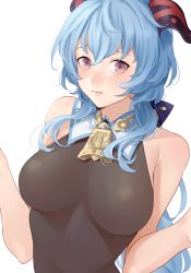 Rule 34 | 1girl, bare arms, bare shoulders, bell, blue hair, blush, breasts, ganyu (genshin impact), genshin impact, horns, long hair, looking at viewer, medium breasts, neck bell, paid reward available, pan8, purple eyes, sidelocks, sleeveless, solo, upper body