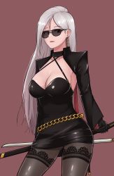Rule 34 | 1girl, absurdres, artist request, black gloves, black jacket, black legwear, breasts, cleavage, dungeon and fighter, earrings, female focus, female slayer (dungeon and fighter), gloves, highres, jacket, jewelry, long hair, long sleeves, looking at viewer, mole, mole on breast, silver hair, simple background, solo, spectre (dungeon and fighter), sunglasses, sword, sword behind back, tagme, tinted eyewear, weapon