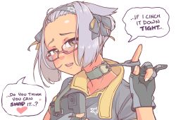 Rule 34 | 1girl, absurdres, ahoge, assault rifle, blush, breasts, bullpup, carbine, collar, commentary, english commentary, english text, forehead, glasses, gloves, grenade pin, gun, hair ribbon, hairband, heart, hexagram, highres, iwi tavor, jarv, light purple hair, looking at viewer, naughty face, nose blush, oral invitation, original, partially fingerless gloves, personification, pink-framed eyewear, ribbon, rifle, semi-rimless eyewear, short hair, small breasts, snap my choker (phrase), sniper rifle, solo, speech bubble, star of david, submachine gun, under-rim eyewear, upper body, weapon, x95 (jarv), yellow eyes