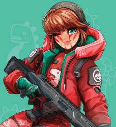 Rule 34 | 1girl, apex legends, artist name, bodysuit, brown hair, facepaint, gloves, green gloves, gun, highres, holding, holding gun, holding weapon, hood, hooded jacket, jacket, looking at viewer, noush, official alternate costume, one eye closed, r-301 carbine, red bodysuit, red jacket, ribbed bodysuit, smile, solo, wattson (apex legends), weapon