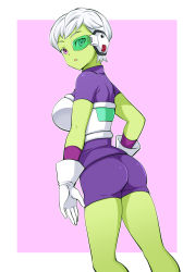 Rule 34 | 1girl, arm at side, armor, ass, bare legs, bodysuit, breasts, cheelai, colored skin, dragon ball, dragon ball super, dragon ball super broly, gabao (mattari 2019), gloves, green skin, hand on own hip, large breasts, looking at viewer, looking back, neck, open mouth, purple background, purple bodysuit, purple eyes, scouter, short hair, short sleeves, solo, standing, white gloves, white hair