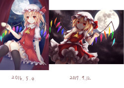 Rule 34 | 1girl, absurdres, artist progress, ascot, back bow, black socks, blonde hair, bow, breasts, buttons, closed mouth, collarbone, collared shirt, cowboy shot, cup, curtains, dated, feet out of frame, flandre scarlet, frilled shirt collar, frilled skirt, frills, full moon, glowing, glowing wings, hair between eyes, hat, highres, holding, holding cup, kashiwagi yamine, kneehighs, light smile, looking at viewer, medium hair, mob cap, moon, multicolored wings, one side up, puffy short sleeves, puffy sleeves, red curtains, red eyes, red ribbon, red skirt, red vest, ribbon, ribbon-trimmed headwear, ribbon trim, shirt, short sleeves, skirt, skirt set, sleeve ribbon, small breasts, socks, solo, teacup, touhou, vest, white bow, white hat, white shirt, wings, yellow ascot