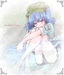 Rule 34 | 1girl, aosiro-michi, artist name, bare legs, barefoot, blue eyes, blue hair, dated, english text, hair bobbles, hair ornament, hat, highres, kawashiro nitori, looking at viewer, matching hair/eyes, partially submerged, pocket, river, rock, shirt, short hair, short sleeves, shorts, sitting, sitting on rock, sleeves rolled up, smile, solo, touhou, twintails, two side up