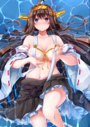 Rule 34 | 10s, 1girl, ahoge, areola slip, belly, blush, breasts, brown hair, brown skirt, covering breasts, covering privates, detached sleeves, double bun, hair bun, highres, in water, kantai collection, kongou (kancolle), kongou kai ni (kancolle), large breasts, long hair, looking at viewer, lying, navel, nicoby, nontraditional miko, palms, pleated skirt, skirt, solo, stomach