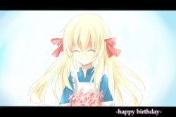 Rule 34 | 1girl, apron, blonde hair, character request, closed eyes, copyright request, flower, gradient background, hair ornament, hair ribbon, happy, happy birthday, holding, holding flower, long hair, ribbon, ryotaruu, smile, solo