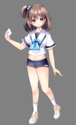 Rule 34 | 1girl, bad id, bad pixiv id, blue bow, blue shorts, blush, bow, brown eyes, brown footwear, brown hair, clip studio paint (medium), closed mouth, collarbone, commentary request, crop top, full body, grey background, groin, hair between eyes, hair bobbles, hair ornament, hand up, holding, looking at viewer, midriff, misaki (misaki86), navel, one side up, original, shirt, shoes, short shorts, short sleeves, shorts, simple background, smile, socks, solo, standing, standing on one leg, white shirt, white socks