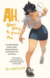 Rule 34 | 1girl, absurdres, arm up, black eyes, black footwear, black hair, blue skirt, blush stickers, breasts, clenched hand, collarbone, commentary, cover, english commentary, english text, fake cover, full body, hand up, highres, large breasts, leaning forward, luny, navel, off-shoulder shirt, off shoulder, original, pencil skirt, see-through, see-through shirt, shirt, shoes, simple background, sketch, skirt, sneakers, solo, speech bubble, standing, white background, white shirt, wide sleeves