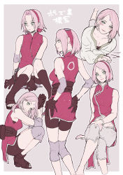 Rule 34 | 1girl, bare arms, barefoot, between legs, bike shorts, black gloves, black shorts, border, boruto: naruto next generations, bracelet, closed mouth, crossed legs, gloves, grey background, grey pants, grey shirt, groin, hairband, hand between legs, hand on own knee, haruno sakura, headband, highres, invisible chair, jacket, jewelry, legs up, long hair, looking at viewer, looking to the side, lying, midriff, multiple views, naruto (series), naruto shippuuden, navel, on stomach, outline, pants, parted bangs, parted lips, pink hair, profile, red hairband, red headband, red jacket, shirt, short hair, shorts, sitting, sleeveless, sleeveless jacket, smile, squatting, stomach, suzu (tg 390), thigh gap, white border