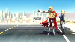 Rule 34 | 1boy, 1girl, armor, belt, blonde hair, blue eyes, braid, cape, car, desert, fate/strange fake, fate (series), full armor, gauntlets, greaves, highres, highway, hitchhiker&#039;s thumb, hitchhiking, holding, holding sign, key visual, knight, looking at viewer, motor vehicle, official art, one eye closed, pantyhose, plate armor, pleated skirt, promotional art, red cape, richard i (fate), road, sajou ayaka (fate/strange fake), short hair, shoulder armor, sign, skirt, smile, sweater, thumbs up
