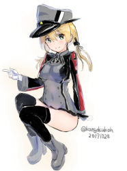 Rule 34 | anchor hair ornament, blonde hair, cross, dated, gloves, green eyes, hair ornament, hat, invisible chair, iron cross, kangoku kou, kantai collection, low twintails, microskirt, military, military hat, military uniform, peaked cap, prinz eugen (kancolle), simple background, sitting, skirt, twintails, twitter username, uniform, white background, white gloves