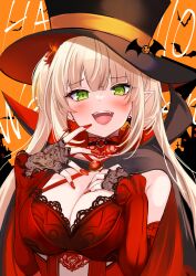 Rule 34 | 1girl, absurdres, bare shoulders, black cape, black headwear, blonde hair, blush, breasts, cape, cleavage, detached sleeves, dress, fangs, fingerless gloves, gloves, green eyes, hair ornament, halloween, highres, large breasts, long hair, long sleeves, looking at viewer, open mouth, orange background, original, pointy ears, red cape, red dress, shibakame, simple background, smile, solo, twintails, two-tone cape, upper body, vampire