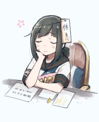 Rule 34 | 1girl, black hair, black sailor collar, chair, closed eyes, commentary request, fubuki (kancolle), fubuki kai ni (kancolle), hand on own chin, highres, kantai collection, long hair, low ponytail, ma rukan, paper, ponytail, sailor collar, school uniform, serafuku, short ponytail, sidelocks, simple background, sitting, sleeping, solo, translation request, upper body, white background, yes, yes-no pillow