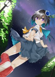 Rule 34 | 1girl, black hair, blue hair, blush, boots, colored inner hair, flower, hair flower, hair ornament, hairclip, kavka, lamppost, looking at viewer, multicolored hair, neckerchief, night, night sky, original, purple eyes, red footwear, short hair, short sleeves, sky, smile, solo, star (sky), starry sky, two-sided fabric, two-sided skirt, two-tone hair, yellow neckerchief