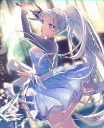 Rule 34 | 1girl, blue dress, blue eyes, dress, earrings, floating hair, high ponytail, holding, holding sword, holding weapon, jewelry, leg up, long hair, looking at viewer, open mouth, rwby, short dress, shrug (clothing), silver hair, sleeveless, sleeveless dress, solo, standing, standing on one leg, strapless, strapless dress, swept bangs, sword, tsukasa (ilqmplim), very long hair, weapon, weiss schnee
