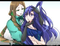 Rule 34 | 10s, 2015, 2girls, blue hair, blush, bow, brown hair, dated, eyeshadow, gloves, gradient background, green eyes, green hair, green theme, hair ornament, hairclip, hand on another&#039;s chin, hand on another&#039;s face, hand on head, height difference, highres, holding head, jewelry, kazanari tsubasa, kiraki, letterboxed, lipstick, looking at another, makeup, multiple girls, necklace, phara suyuf, purple eyes, senki zesshou symphogear, shy, simple background, translated, twintails, yuri