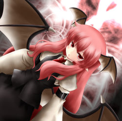 Rule 34 | 1girl, :o, bad id, bad pixiv id, bat wings, cocozasa, dutch angle, embodiment of scarlet devil, female focus, head wings, highres, jitome, koakuma, long hair, low wings, necktie, open mouth, pointy ears, red eyes, red hair, red necktie, skirt, solo, touhou, wings