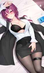 Rule 34 | 1girl, arm up, bed sheet, black bra, black jacket, black pantyhose, black skirt, blush, bra, breasts, closed mouth, collarbone, dress shirt, earrings, eyewear on head, feet out of frame, heart, heart-shaped pupils, high-waist skirt, highres, honkai: star rail, honkai (series), jacket, jacket on shoulders, jewelry, kafka (honkai: star rail), large breasts, long hair, long sleeves, looking at viewer, lrh0123, lying, nail polish, on back, on bed, open clothes, open shirt, pantyhose, pink nails, purple eyes, purple hair, round eyewear, shirt, skirt, smile, solo, sunglasses, symbol-shaped pupils, thigh strap, underwear, used tissue, white shirt