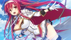 Rule 34 | 1girl, blush, breasts, cape, cleavage, dutch angle, female focus, game cg, gloves, headband, juukishi cutie bullet, large breasts, legs, long hair, looking at viewer, minami mayu, open mouth, ponytail, red eyes, red hair, serious, skirt, sky, solo, standing, sunlight, thighs, yuuki hagure