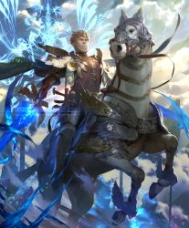 Rule 34 | 1boy, armor, army, artist request, banner, barding, beard, cape, crown, cygames, dagger, dual wielding, eachtar, facial hair, glowing, glowing sword, glowing weapon, gold trim, holding, horse, knife, light persona, mustache, official art, plate armor, reins, riding, shadowverse, shoulder armor, sword, weapon, white hair