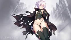 Rule 34 | 1girl, bandaged arm, bandages, bare shoulders, black gloves, black legwear, black panties, blue eyes, breasts, cape, character name, copyright name, dagger, dobunezumi, fate/apocrypha, fate (series), fingerless gloves, gloves, gluteal fold, highleg, highleg panties, highres, jack the ripper (fate/apocrypha), knife, looking at viewer, navel, panties, partially visible vulva, scar, short hair, silver hair, single glove, small breasts, solo, underwear, weapon